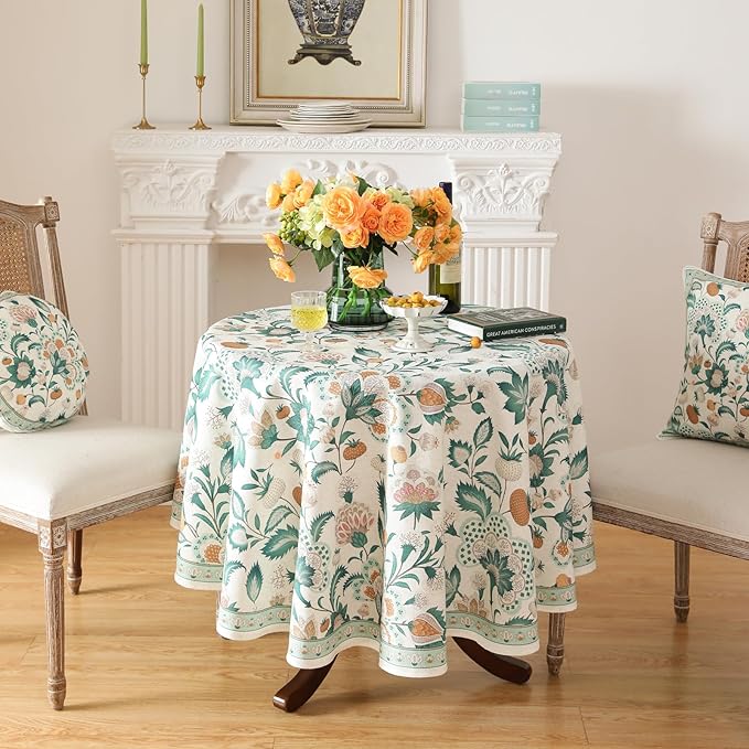 patdrea Designer Small Vintage Green Round Table Cloth,French Floral Country Linen Durable Tablecloth,Wrinkle Free Cover for Kitchen Dining,Christmas,Thanksgiving,Diameter 55"-Tree Life