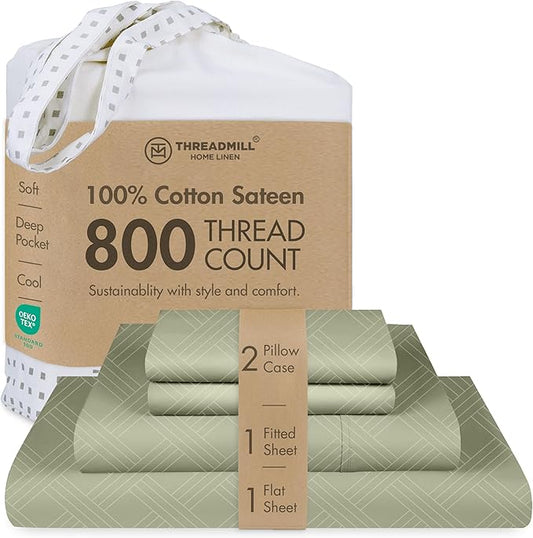 Threadmill Luxury Full Size Sheets for Full Size Mattress | 800 Thread Count Cotton Sheets | Jacquard Celine Sage Green | Better Than Egyptian Cotton| 4 Pc Bed Sheets | with Elasticized Deep Pocket