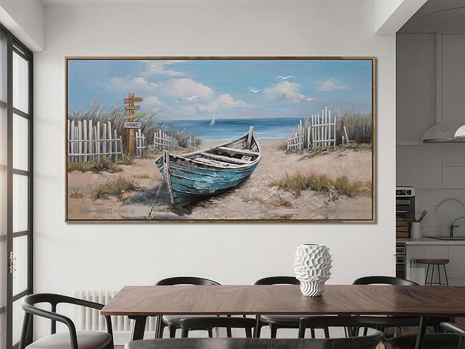 Ardemy Framed Canvas Wall Art Extra Large Boat Bedroom Pictures Wall Decor Living Room, Beach Seascape Paintings Wall Decor Textured Artwork for Kitchen Dining Room Home Office, 58"x29"