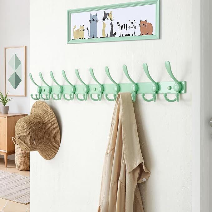 Dseap MaxStrong 2.0 Coat Rack Wall - 37” Long 10 Tri Hooks - Ultra Heavy-Duty Stainless Steel Wall Mount Coat Hanger, Hook Rail for Clothes Hats Jacket Towels Green, Pack of 2