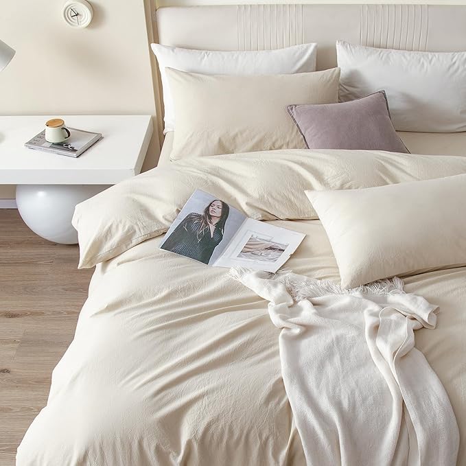 JIYUAN 100% Washed Cotton Duvet Cover Set 3 PCS Oversized King Plus, 1 Duvet Cover 128"x120"(Comforter Not Included) and 2 Pillowcases,Linen Feel Bedding Set Comfy and Breathable,Heathered Beige