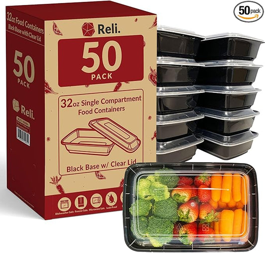 Reli. Meal Prep Containers (50 Pack, 32 oz.) | 1 Compartment Food Containers with Lids | Microwavable Freezer Dishwasher Safe - Bento Box