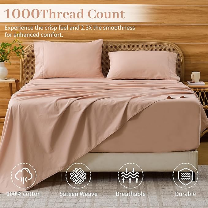 Bedlifes Deep Pocket Sheets 18-24 Inch, King Size Egyptian Cotton 1000 Thread Count, 4-Piece - Fits Extra Thick Mattresses, Cooling & Breathable (Dusty Pink)