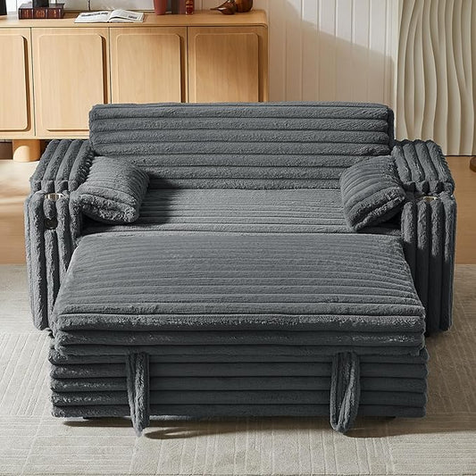 68" Corduroy Convertible Sofa Bed with USB, Storage Armrests & Pillows – 3-in-1 Foldable Sleeper Chair Floor Couch for Living Room, Bedroom, Guest Room (ZY-1109-Dark Gray)