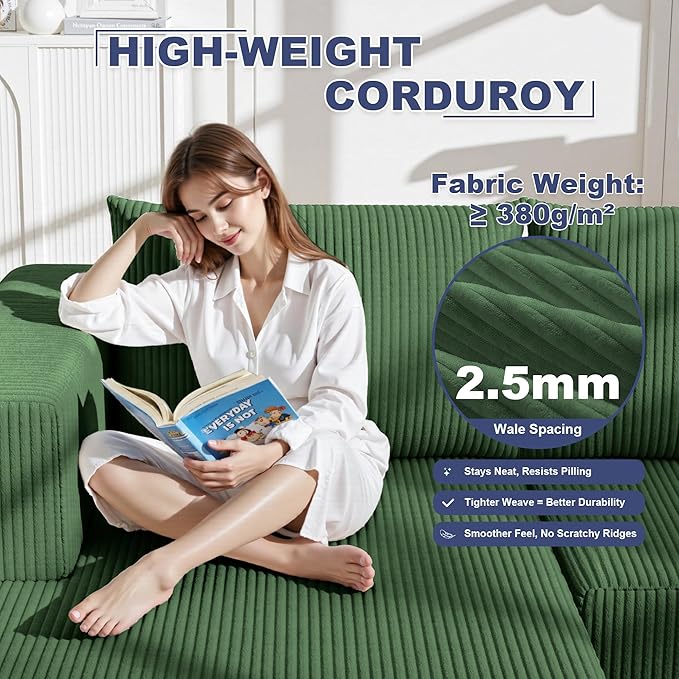 108" Boneless Couches for Living Room, Modular Cloud Couch Sofa - L Shap Corduroy Sectional Sofa, Fluffy Memory Foam Sleeper Sofa Furniture, No Assembly, Wide Armrest, Green