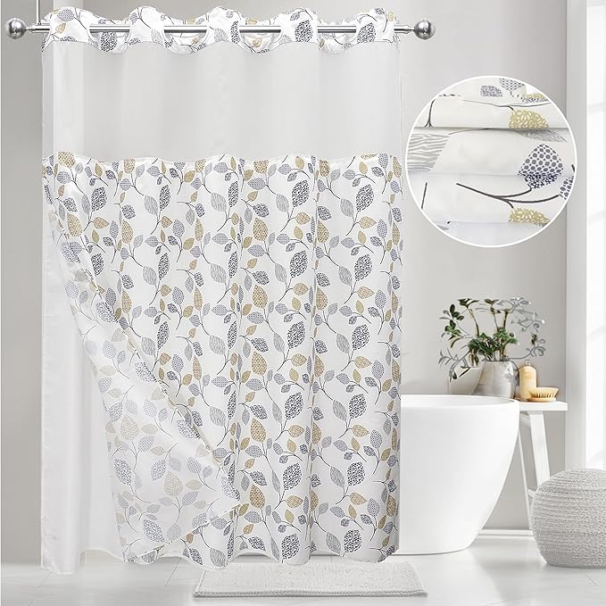 VIUOON No Hook Shower Curtain with Snap-in Fabric Liner Set, Double Layers Heavy Duty Fabric Small Leaf Pattern Bathroom Curtain with See Through Top, Hotel Grade, Machine Washable, 71Wx74L