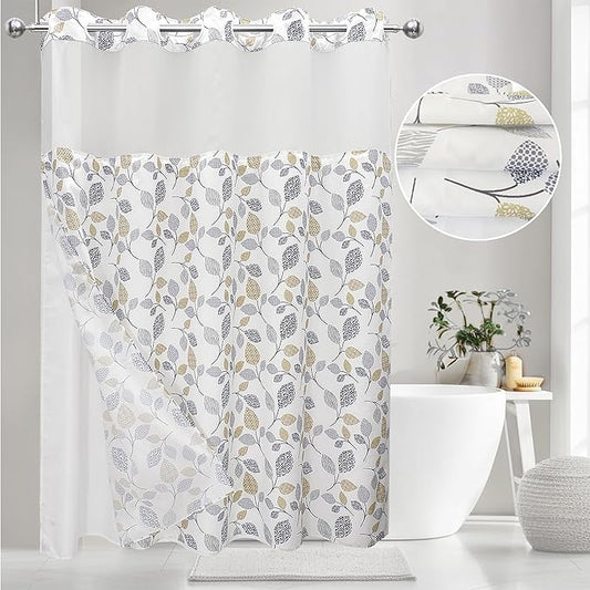VIUOON No Hook Shower Curtain with Snap-in Fabric Liner Set, Double Layers Heavy Duty Fabric Small Leaf Pattern Bathroom Curtain with See Through Top, Hotel Grade, Machine Washable, 71Wx74L