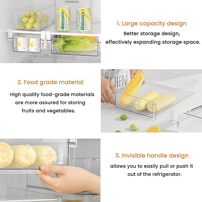vacane Large Fridge Under Shelf Drawer, Pull Out Refrigerator Drawer Organizer Fridge Organizer Bins, Fridge Storage Container Holder for Produce, Deli Meat, Cheese, Bacon, Easy to Install-L