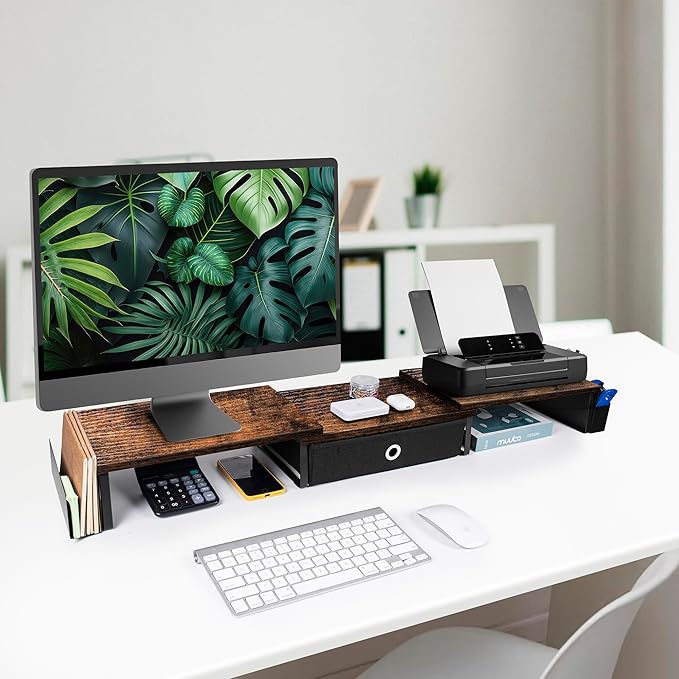Dual Monitor Stand Riser With Drawer, Office Desk Organizers and Accessories, Computer Riser for 2 Monitors, Shelf With Adjustable Length & Angle