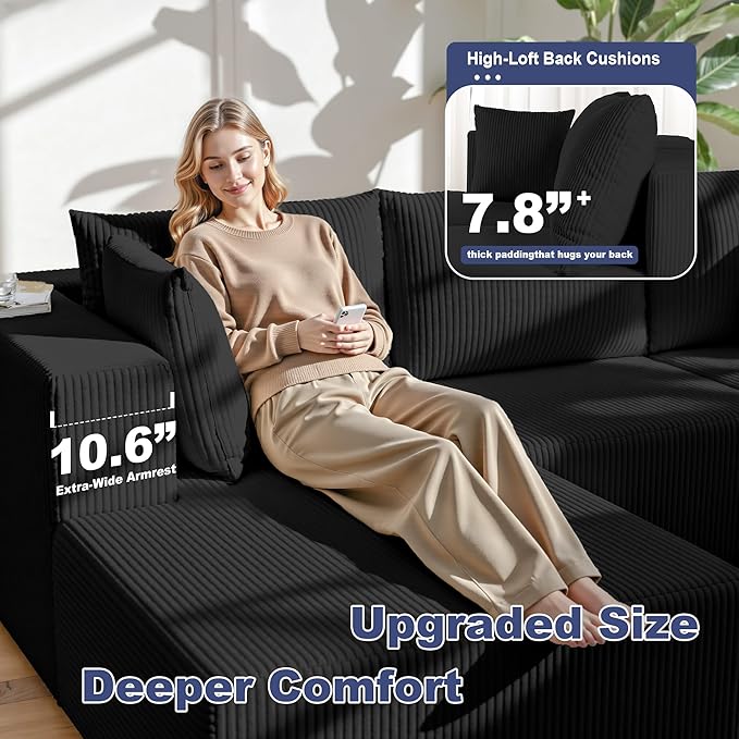 108" Boneless Couches for Living Room, Modular Cloud Couch Sofa - L Shap Corduroy Sectional Sofa, Fluffy Memory Foam Sleeper Sofa Furniture, No Assembly, Wide Armrest, Black
