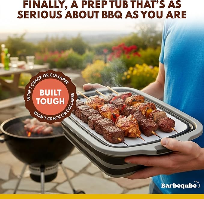 Collapsible BBQ Prep Tub XL with Locking Lid & Cutting Board - Pro-Grade Silicone Grill Station for Brisket, Ribs, Meal Prep - Space-Saving Portable Container for Camping, Tailgating & Outdoor Cooking