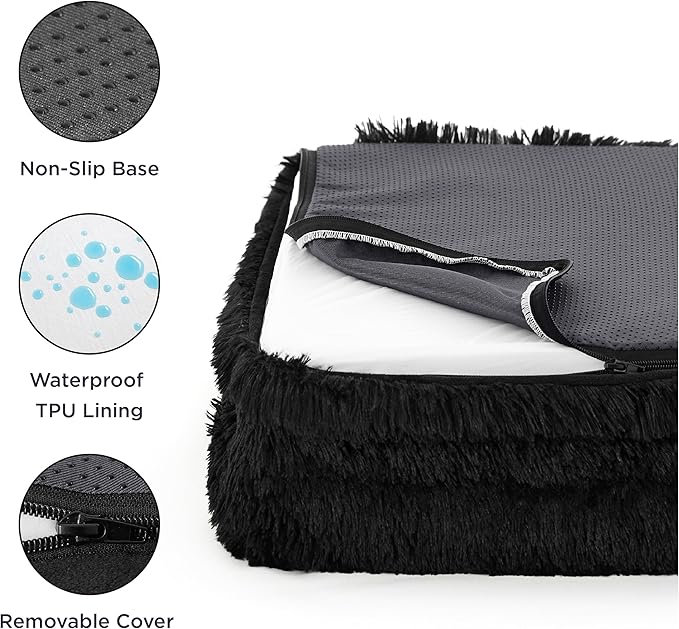 Bedsure L Plus Orthopedic Dog Bed for Large Dogs - Waterproof Dog Cat Bed, L Plus Big Comfort Dogs Couch Sofa with Washable Removable Cover, Pet Bed with Nonskid Bottom, Long Faux Fur-Black, 38"