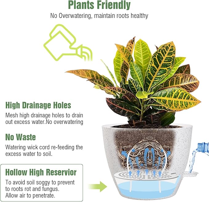 Large Self Watering Pots, 12/10/9 Plastic Planters with High Drainage Holes and Deep Reservoir for Indoor Outdoor Garden Plants and Flowers, White Speckles