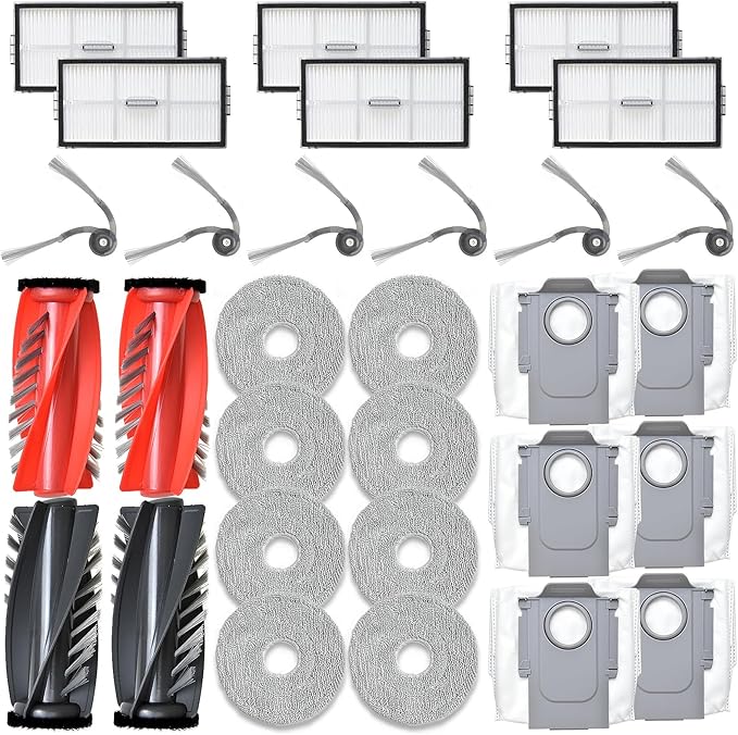 Accessories Replacement Parts Compatible with Roborock Saros 10R Robot Vacuum Cleaner, 4 Rubber Main Brush, 6 Filters, 6 Dust Bags, 8 Mop Pads, 6 Side Brushes