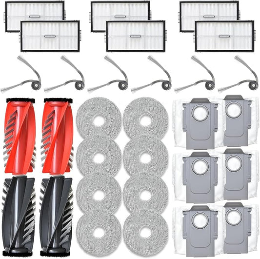 Accessories Replacement Parts Compatible with Roborock Saros 10R Robot Vacuum Cleaner, 4 Rubber Main Brush, 6 Filters, 6 Dust Bags, 8 Mop Pads, 6 Side Brushes