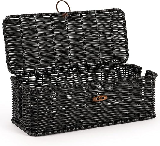 Cable Management Box, Handwoven Faux Rattan Cord Organizer Box with Lid, 2 Open Slots Cable Organizer Box, Decorative Cord Hider Box for Tv Computer USB Hub & Power Strip Holder