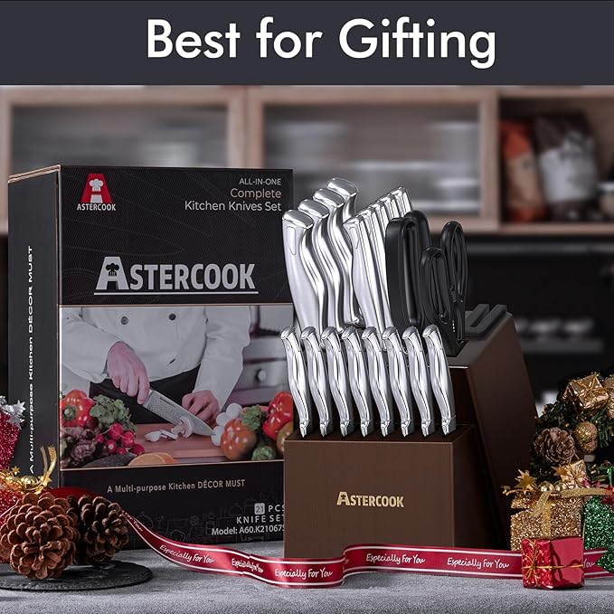 Knife Set, Astercook 21 Pieces Kitchen Knife Set with Built-in Sharpener, German Stainless Steel Knife Block Set, Razor-Sharp Knives with Full-tang Handle, Dishwasher Safe, Silver