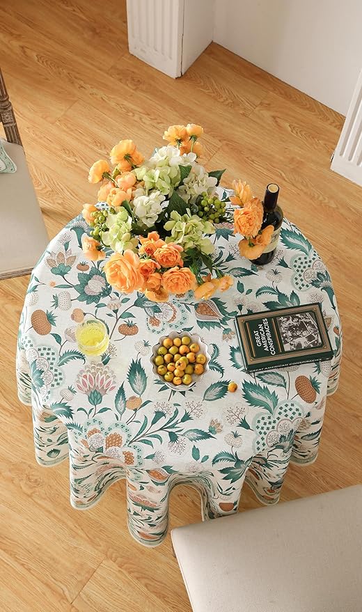 patdrea Designer Small Vintage Green Round Table Cloth,French Floral Country Linen Durable Tablecloth,Wrinkle Free Cover for Kitchen Dining,Christmas,Thanksgiving,Diameter 55"-Tree Life