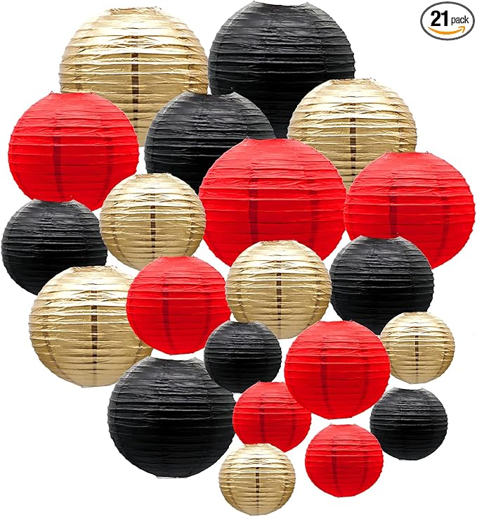 ADLKGG Paper Lanterns Decorations, Red Black Gold Hanging Round Paper Lanterns for Graduation, BBQ Party Supplies, Mickey Mouse Themed Birthday, Pirate Theme Casino Poker Party Decor Set of 21