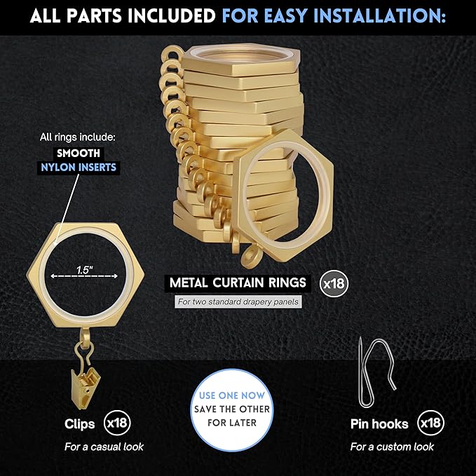 BlastHome® Luxury Curtain Rings - Premium Metal with Quiet, Smooth Nylon Inserts - Pinhooks and Clips Included - 1 1/2" Inside Diameter - 18 Rings for Two Standard Curtains - Brushed Gold