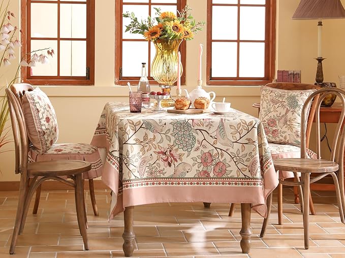 patdrea Designer Pink Linen Table Cloth for Sqaure Table,French Tablecloth with Birds Pattern,Small Colorful Decoration Cover for Kitchen Dining,Christmas,Party,Thanksgiving,67"x67"-Kulom a