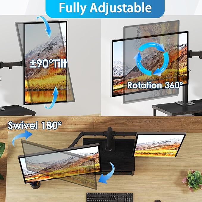 Dual Monitor Stand with Desk Organizer, Heavy Duty VESA Dual Monitor Arm Mount for 13″-27″ Computer Screens, Free-Standing Monitor Arms for 2 Monitors, Adjustable Height Angle, Loads 20Lbs/Arm, Black