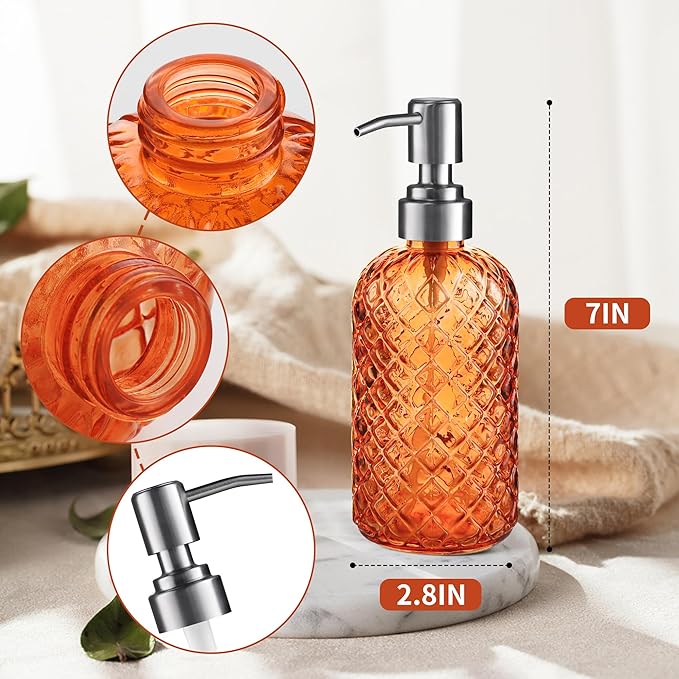14 Oz Refillable Glass Soap Dispenser with Rust Proof Stainless Steel Pump, for Dispense Hand soap, Body wash, Lotion 2pack (Orange)