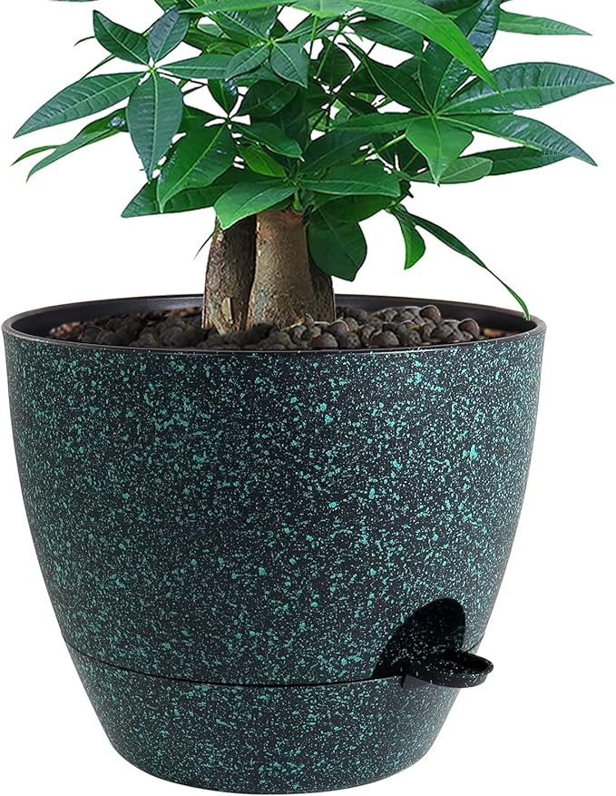 12 inch Large Self Watering Pots, Plastic Planters with 60oZ Removable Deep Reservoir and Multi Mesh Drainage Holes for Indoor Outdoor Garden Plants and Flowers, Black with Green Speckles