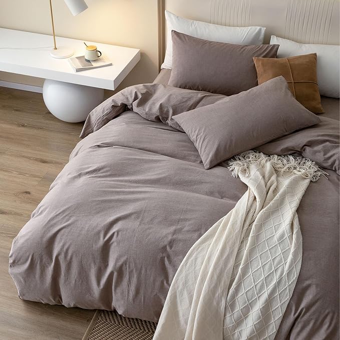 JIYUAN 100% Washed Cotton Duvet Cover Set 3 Pieces Queen, 1 Duvet Cover 90x90 Inches(Comforter Not Included) and 2 Pillowcases,Linen Feel Bedding Set Comfy and Breathable, Heathered Mauve Brown
