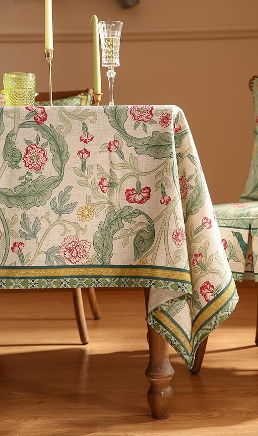 patdrea Designer Vintage Linen Long Rectangle Tablecloth,Green French Leaves Pattern Floral Table Cloth,Fall Decoration Cover for Kitchen Dining Christmas,Thanksgiving,63"x102"-Cecilia a