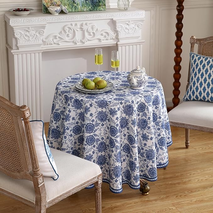 patdrea Designer Vintage French Round Table Cloth,Linen Durable Blue Paisley Pattern Tablecloth,Decoration Floral Cover for Kitchen Dining Christmas,Thanksgiving,Diameter 67"-Lantang a