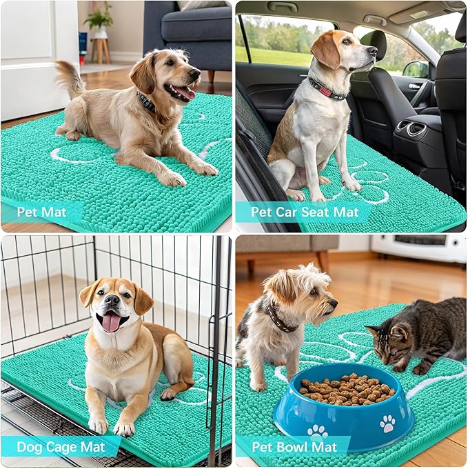 OLANLY Dog Door Mat for Muddy Paws 48x30, Paw Print Design, Absorbs Moisture and Dirt, Absorbent Non-Slip Washable Doormat, Quick Dry Chenille Mud Mat for Dogs, Entry Indoor Entryway Carpet, Teal