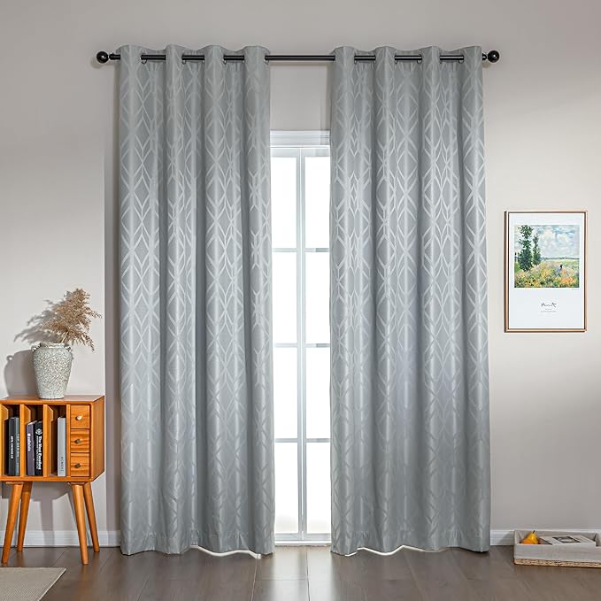 Amazon Basics Jacquard 2-Piece 100% Blackout Curtains, Living Room and Bedroom Drapes, Thermal Insulated Window Treatment, 52"x95", Light Grey