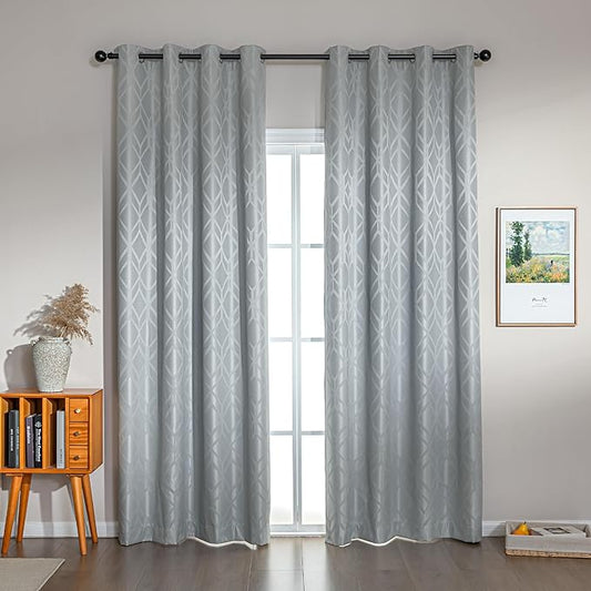 Amazon Basics Jacquard 2-Piece 100% Blackout Curtains, Living Room and Bedroom Drapes, Thermal Insulated Window Treatment, 52"x95", Light Grey