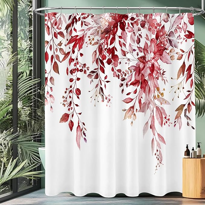 Extra Long Eucalyptus Shower Curtain 72 x 96 Inch, Burgundy Red Botanical Floor to Ceiling X-Long Shower Curtain, Watercolor Plant Leaves with Floral Decorative Bathroom Curtain with Hooks