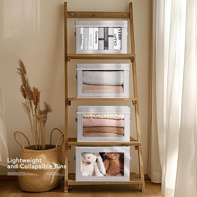 Foldable Storage Bin with Lid - Closet Storage Organizer with Window, Storage Bins with Lids for Clothes, Fabric Storage Baskets for Shelves, Bedroom, Dorm, Light Grey, 4 Pack