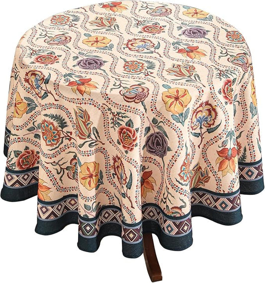 Vintage French Round Tablecloth,Linen Extra Long Tablecloth with Rose and Cornflower Pattern,Decorative Table Cover for Kitchen,Dining,Thanksgiving,Christmas,Party,Diameter 55"-Lanae