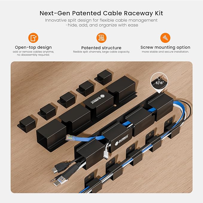 EUREKA ERGONOMIC 316 PCS Cable Management Kit, Updated Cable Raceway Kit, 40 Cable Clips, 6 Cable Holder, 100 Fastening Cable Ties, Hide Under Desk Cable Management System to Computer/Tv/Power Cords