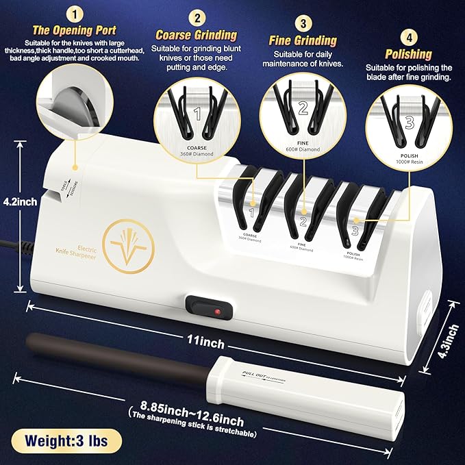 Professional Electric Knife Sharpeners with Diamond Abrasives and Precision Angle Guides, Multifunctional 4-Stage Slots and a hidden Knife Sharpener Rod, Suitable for various knives, scissors, axes ﻿