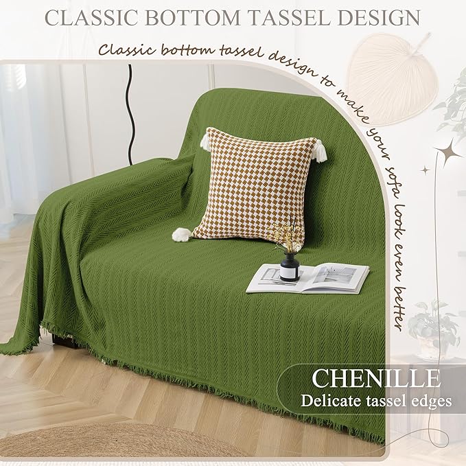 ALIECOM Boho Couch Covers for Sectional Sofa 2 Piece Thick Chenille L Shape Sectional Sofa Cover for Dogs Couch Cover Blanket Sofa Slipcovers Pet Furniture Protector Washable (XX-Large, Lines Green)