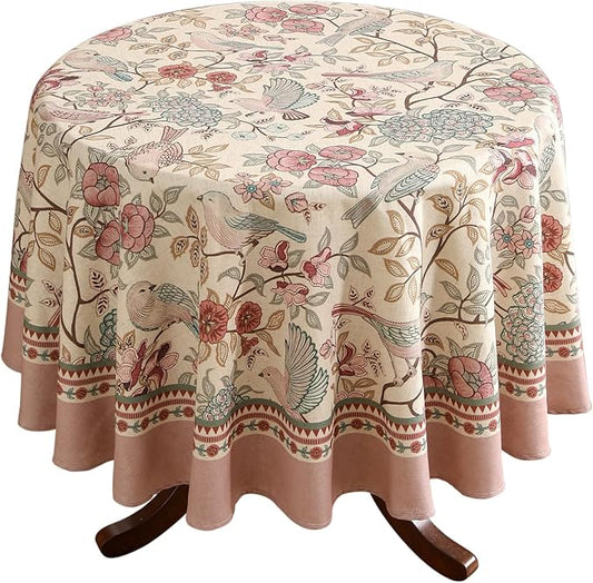 patdrea Designer Vintage Round Tablecloth,Pink Linen Table Cloth with Birds Pattern,Colorful Decoration French Table Cover for Kitchen Dining,Thanksgiving,Party,Christmas,Diameter 55"-Kulom a
