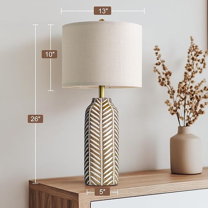 BOBOMOMO 26" Farmhouse Table Lamps Set of 2 - Vintage Leaf Design, Rustic Resin Nightstand Lamps for Bedroom, Living Room, Nursery, Hallway, Elegant Living Room Lamps with Linen Shades Antique Brown