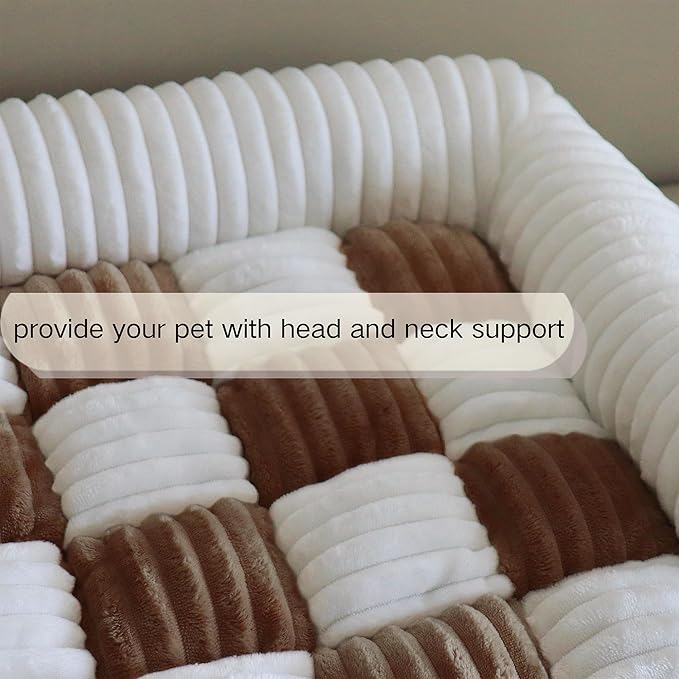 Couch Covers for Dogs and Cats, Fuzzy Dog Sofa bed with Cream Square Plaid, Plush Pet Couch Cover Bed, Thickened Quilted Furniture Protector Mat for Large Medium Pets (Dark Brown 27.56"*27.56")