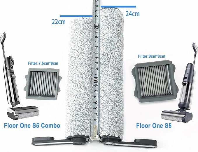Floor ONE S5 Roller Brush Replacement and Vacuum Filter Kit Compatible with Tineco Floor ONE S5/S5 PRO 2/iFLOOR 5 Breeze Cordless Wet Dry Vacuum Cleaner, 2 Roller Brush, 2 Filters 【Not Fit S5 Combo】