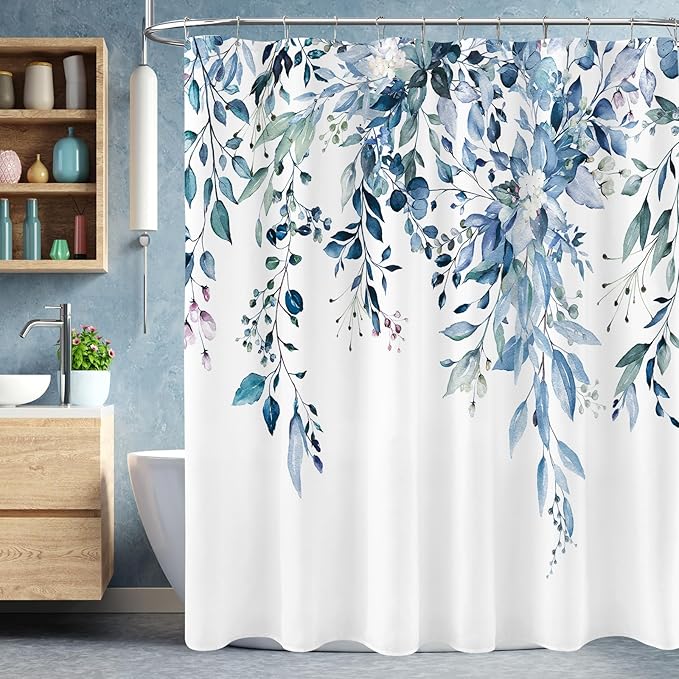 Extra Long Eucalyptus Shower Curtain 72 x 96 Inch, Blue Botanical Floor to Ceiling X-Long Shower Curtain, Watercolor Plant Leaves with Floral Decorative Bathroom Curtain with Hooks