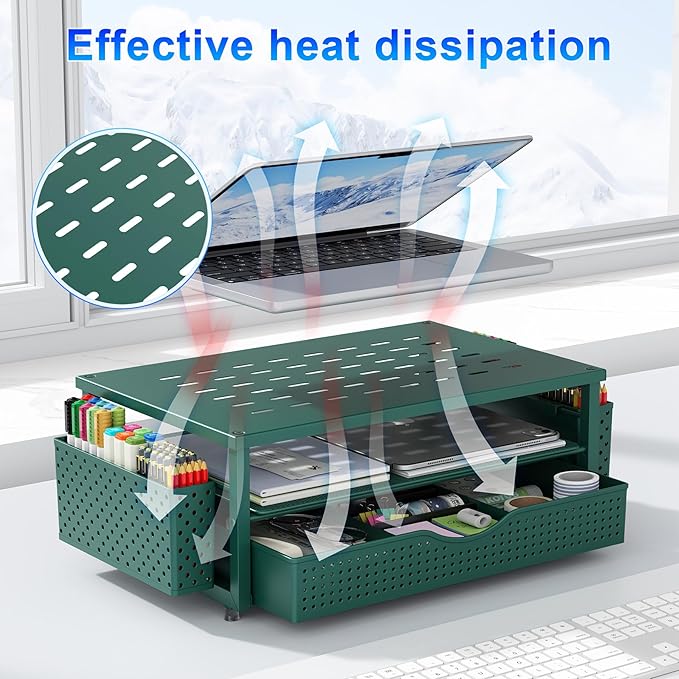 gianotter Desk Organizers and Accessories, Monitor Stand with Drawer and 2 Pen Holder, Desktop Organizer Suitable for Offices and Dormitories (Green)