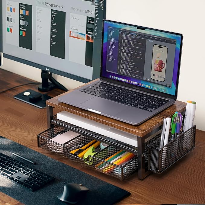 ARCOBIS Monitor Riser with Drawers and Pen Holders, Wood & Mesh Metal Computer Monitor Stand with Storage for Desk, Rustic Brown