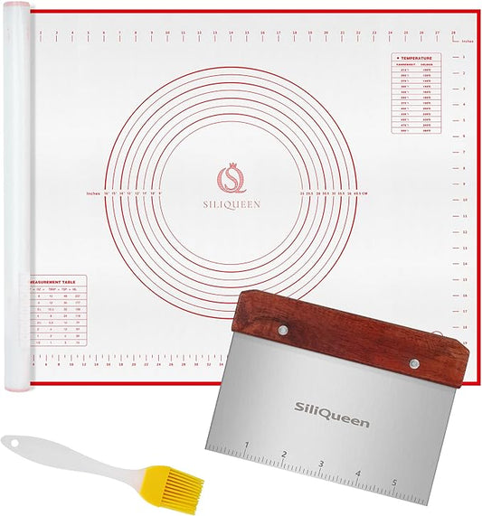 Silicone Pastry Baking Mat with Measurements Extra a Brush and a Dough Scraper - 31.5” x 23.6” Heat Resistant, BPA Free, Non-Stick Non-Slip Pastry Mat for Rolling Dough - Easy to Clean, Red