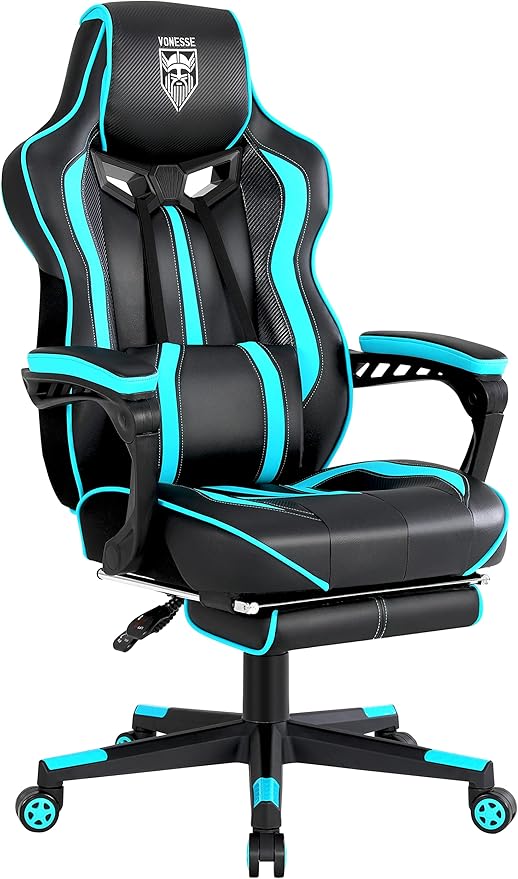 Vonesse Gaming Chairs for Adults, Gaming Chairs with Footrest and Massage, Reclining Computer Chair for Heavy People,Big and Tall Ergonomic Gamer Chair with Lumbar Pillow(Teal/Cyan)