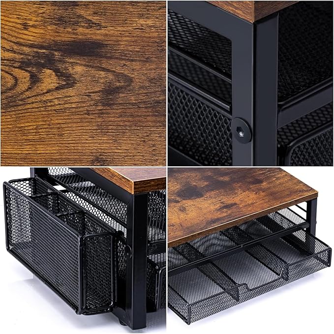 ARCOBIS Monitor Riser with Drawers and Pen Holders, Wood & Mesh Metal Computer Monitor Stand with Storage for Desk, Rustic Brown